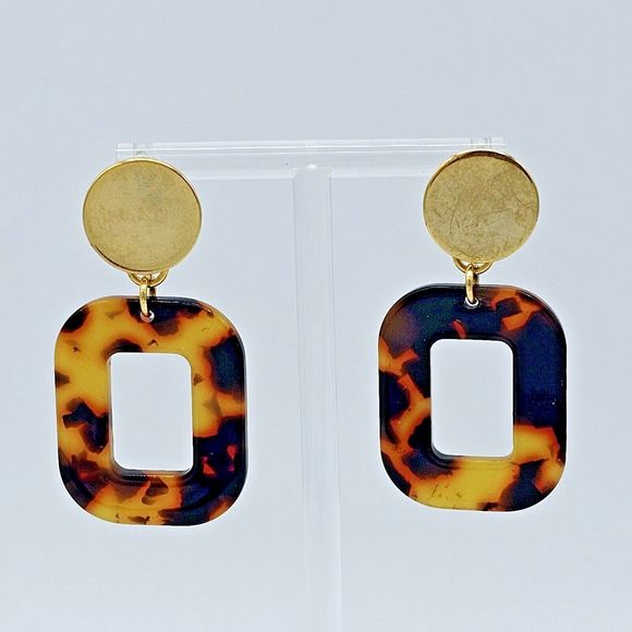 Tortoise Drop Earrings Vintage Dangle Open Rectangle Gold Tone Statement Jewelry - Picture 2 of 6